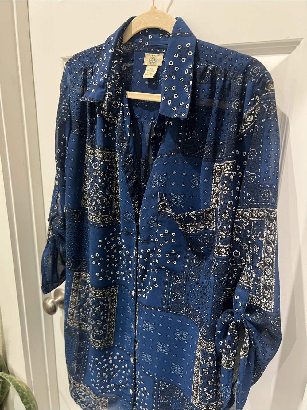 Blue Patterned Sheer Button-Up Tunic - Picture 3 of 4